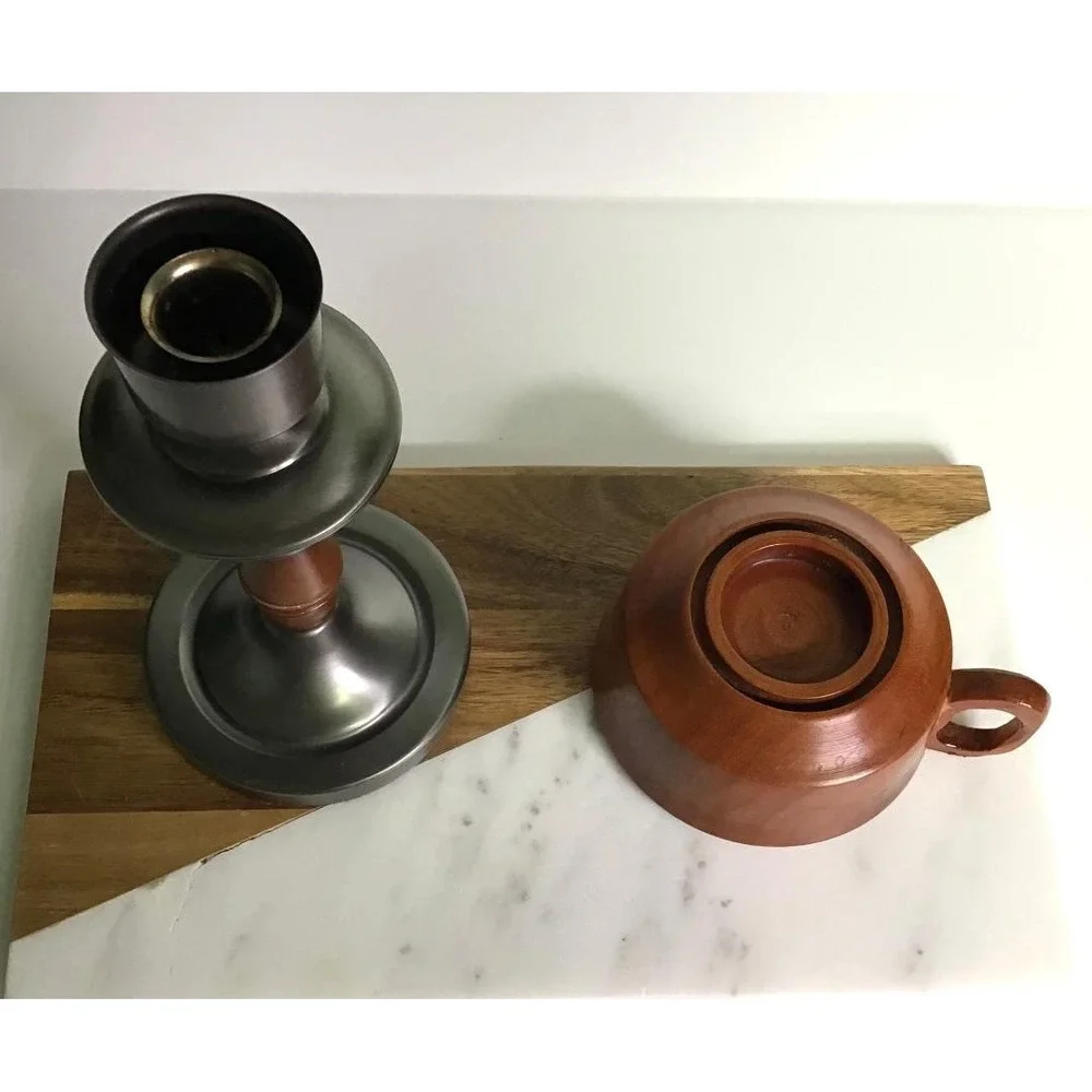 Vintage Pewter and Wood Candlestick & Cherry Wood Hand Turned Chamberstick 1977